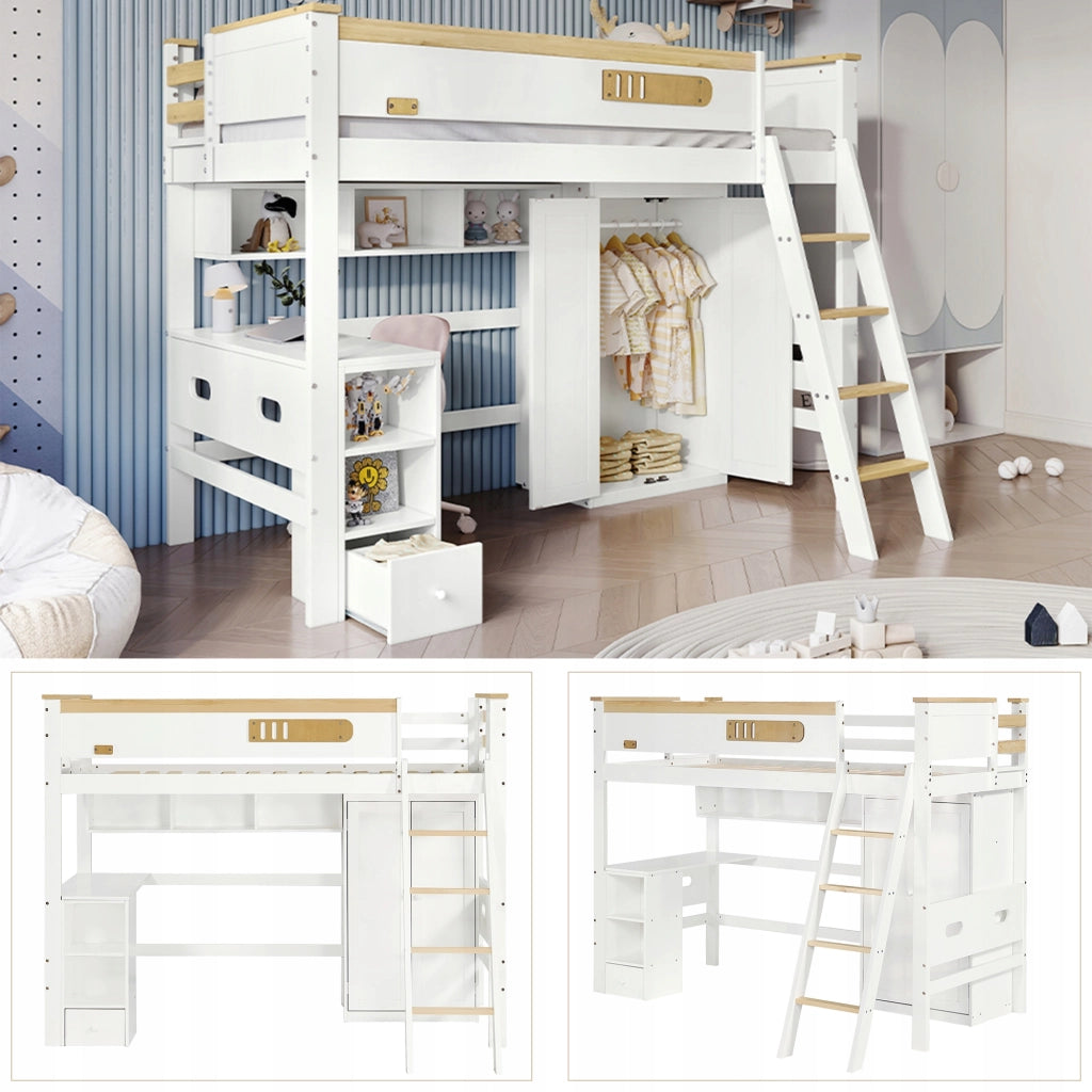 Letto a castello con scrivania - Xylo - 90x200cm - Pino+MDF - Bianco+Naturale