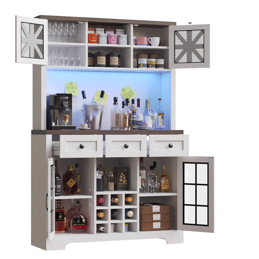 Madia Alta da Cucina con Cassetto; Ripiani Regolabili; LED e Portabottiglie; in MDF e Vetro; 120x40x180 cm; Bianco