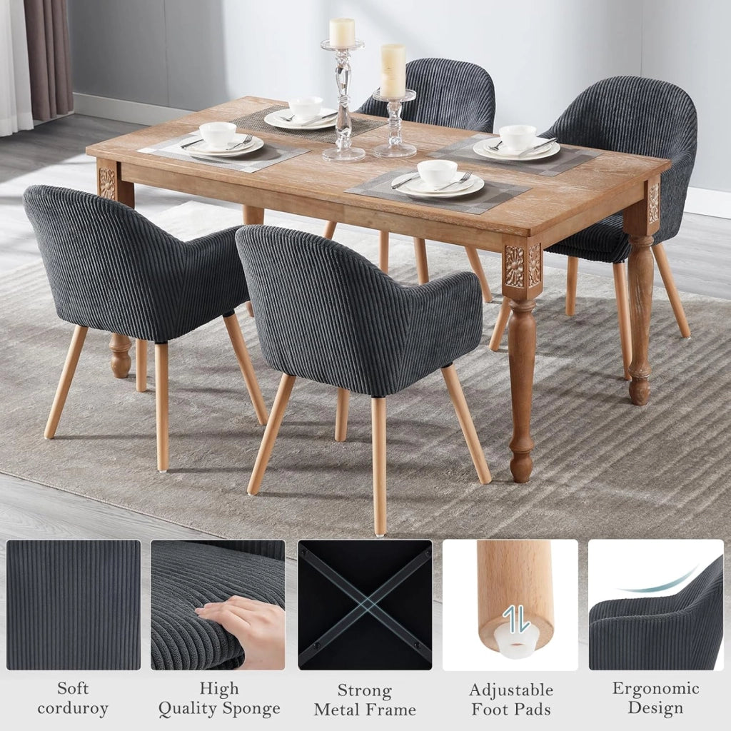 Set di 2 Sedie Sala da Pranzo, Sedie Cucina, Poltroncina, Sedia Imbottita per Camera da letto Ufficio, Salotto, Seduta in Velluto a Coste, Gambe in Legno Massiccio, Grigio Scuro, EZS26dgr-2