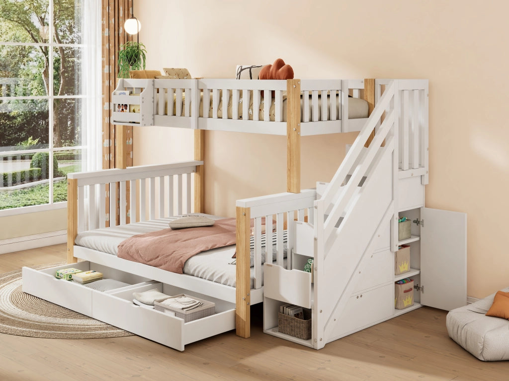 Letto a castello multifunzionale per bambini con contenitori, cassetto, scala-armadio, colore bianco e naturale