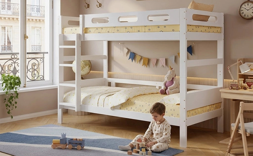 Letto a castello per bambini 90 × 200 cm con scala, barriera di sicurezza, rete a doghe, senza materasso, bianco