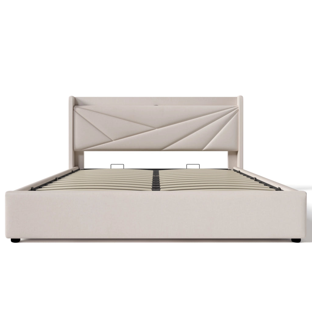 Letti contenitori 160x200 cm con ricarica USB e USB-C; cotone lino; beige (Senza materasso)