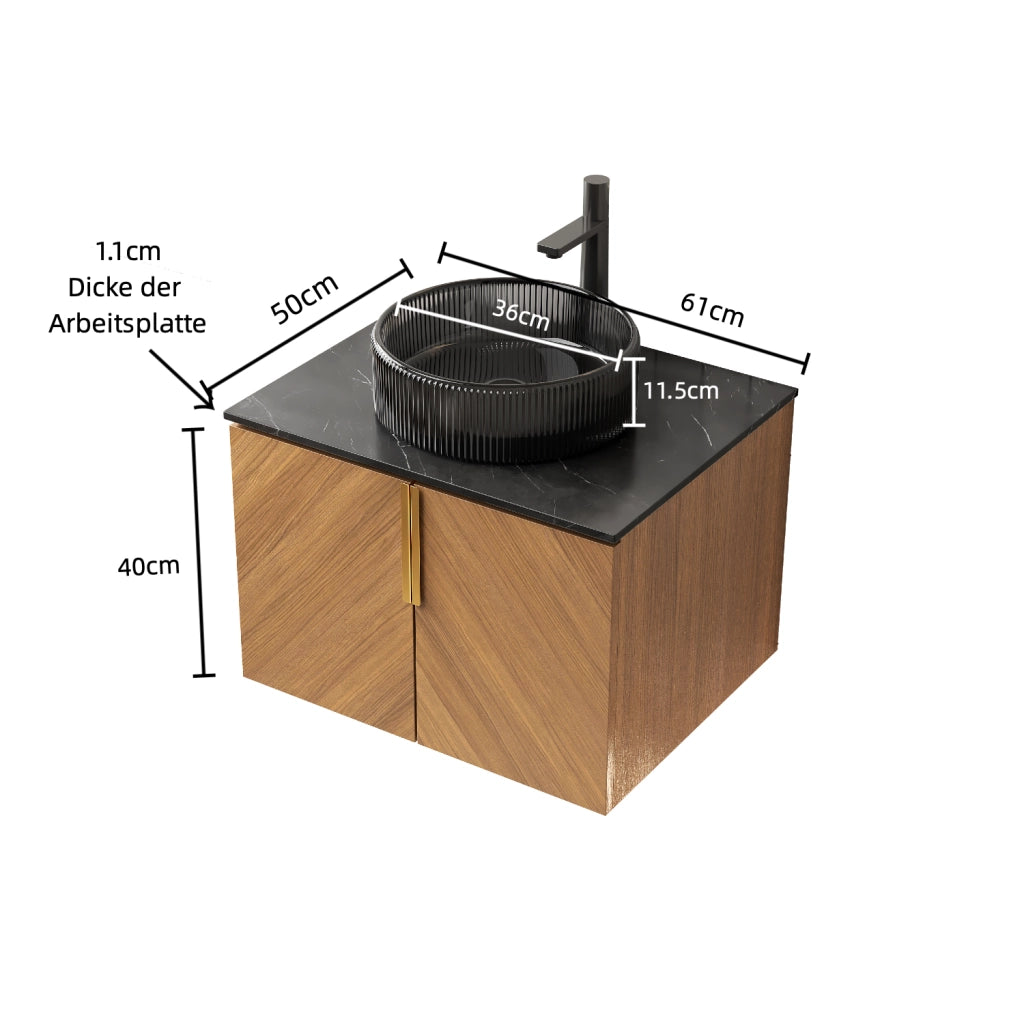Mobile sottolavabo da bagno con lavabo rotondo in vetro nero, 2 ante e chiusura ammortizzata, nero e rovere 61 × 50 × 52,6 cm