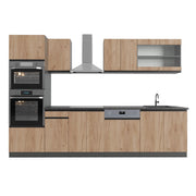 Cucina componibile R-Line Rovere dorato/Antracite 300 cm J-Shape con armadio alto, PL Antracite Vicco