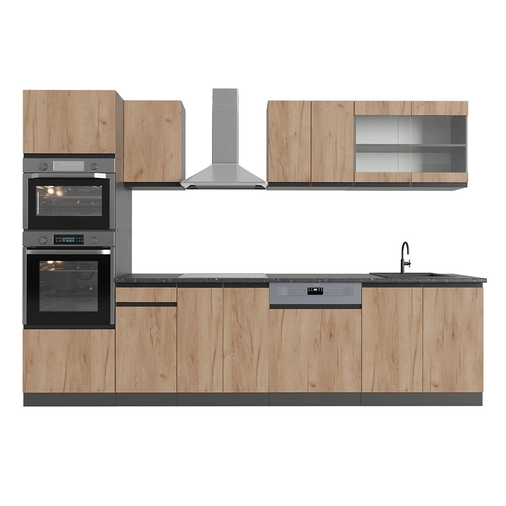 Cucina componibile R-Line Rovere dorato/Antracite 300 cm J-Shape con armadio alto, PL Antracite Vicco
