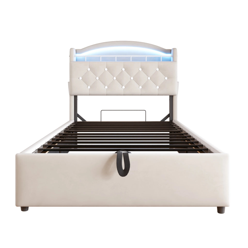 Letto per bambini singolo 90×200 cm contenitore con led; 3 usb e type-c; senza materasso; tessuto; beige