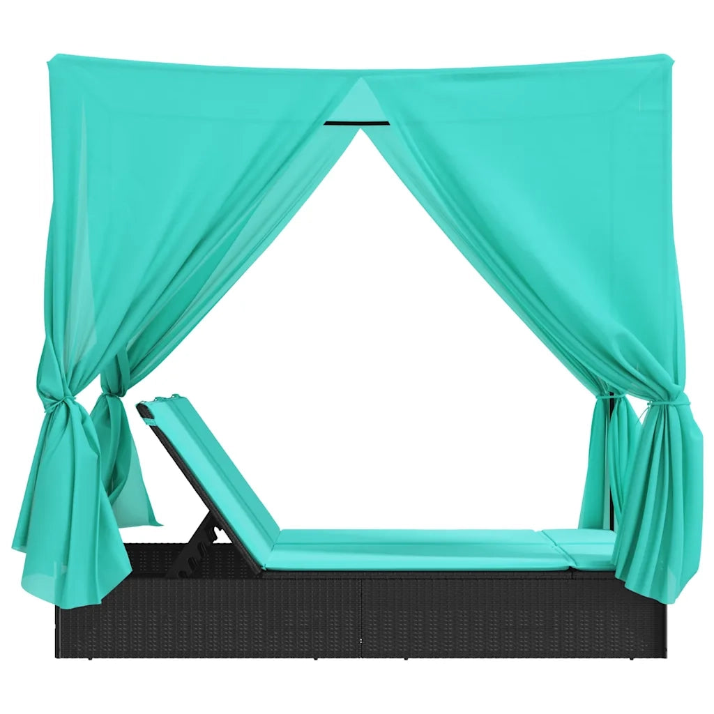 Lettino Prendisole con Tetto e Tende Nero in Polyrattan 368080