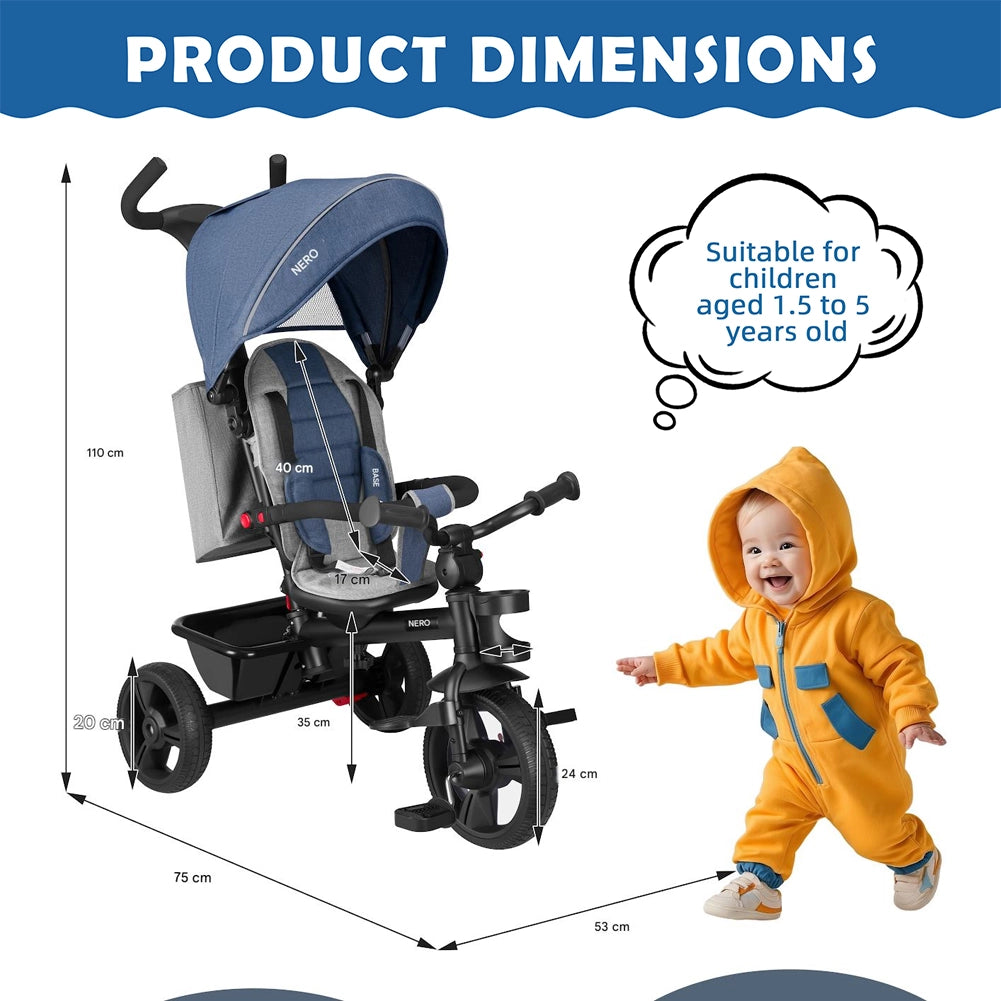 Triciclo per Bambini 5in1 Cappottina Pedali e Manico Antiscivolo Ergonomico Blu