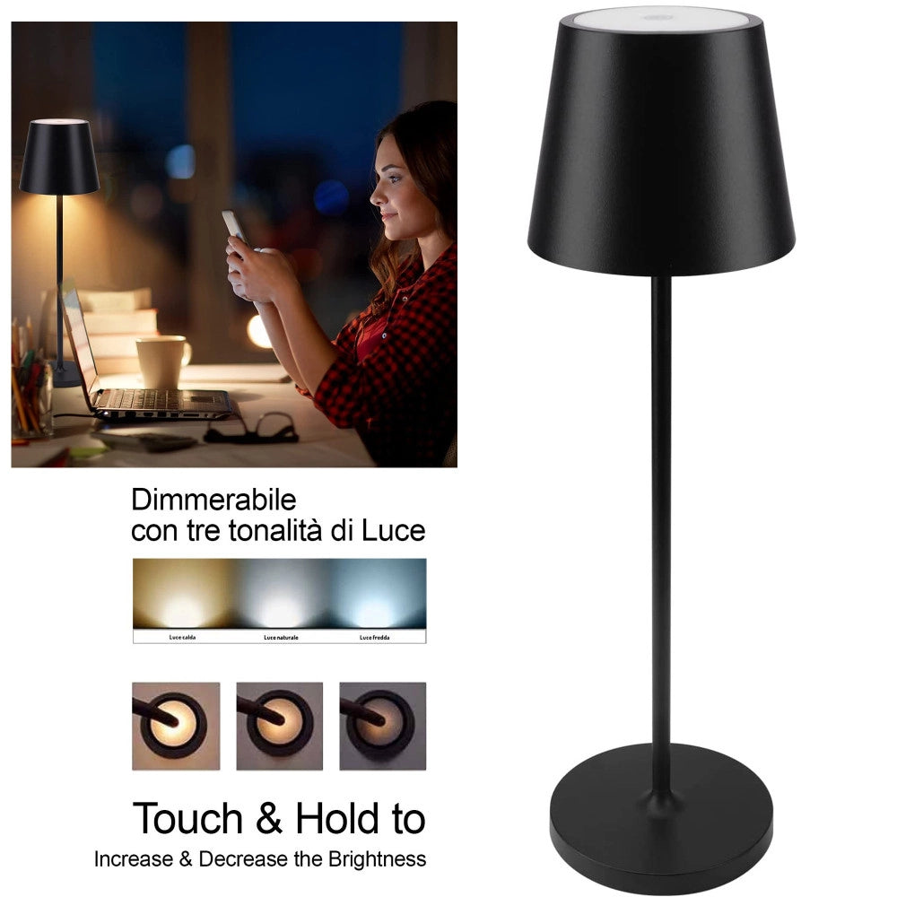 Trade Shop - Lampada Da Tavolo A Led Con Batteria Ricaricabile Touch Dimmerabile 3 Colori Bar -