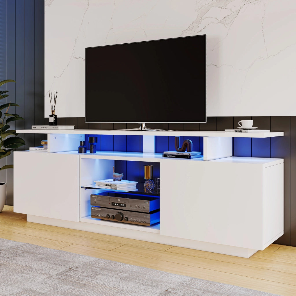 Mobile TV 2 ante e 5 vani con striscia LED controllata da app, per soggiorno, pannello bianco, 140 × 35 × 55 cm