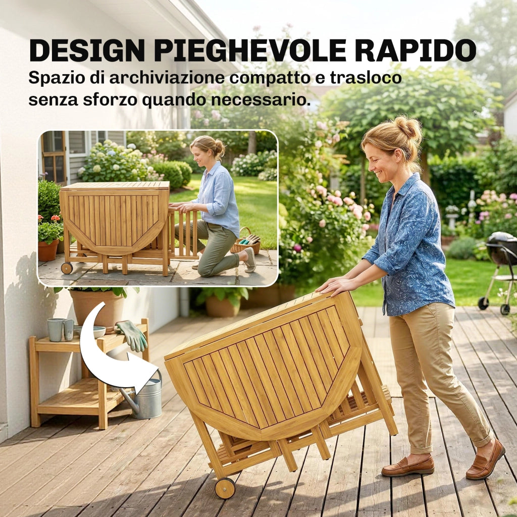 Set Pranzo 7 Pezzi, Tavolo Estensibile Legno e 6 Sedie Pieghevoli per Giardino