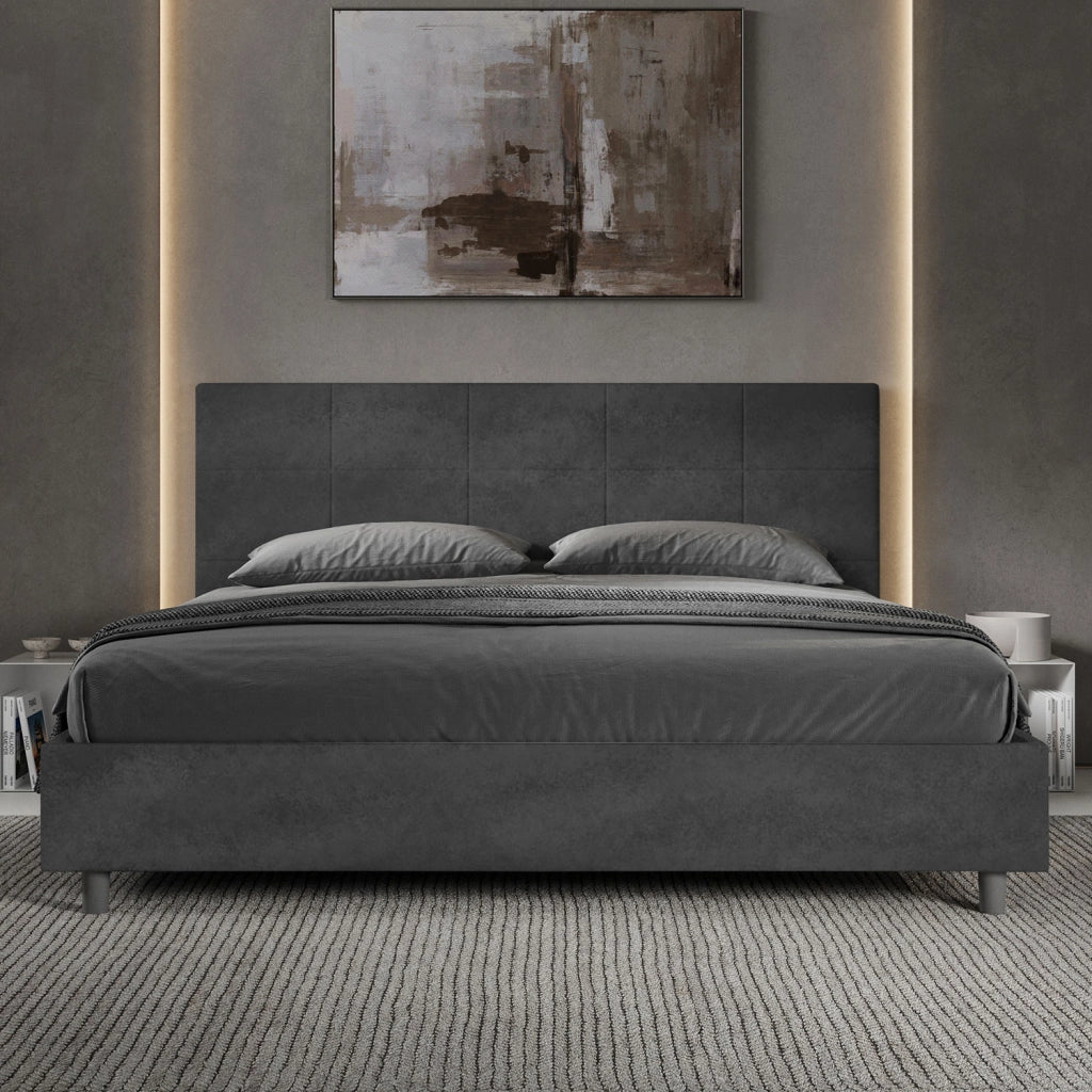 BS COM Letto matrimoniale king size senza rete imbottito 180x190 microfibra grigio