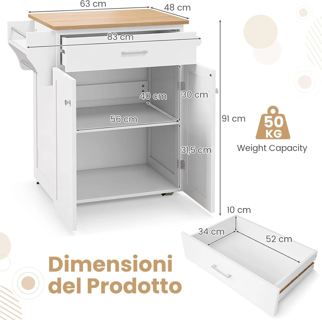 Isola da Cucina con Ruote, Carrello da Cucina con Cassetto e Armadio, Porta Spezie e Barre Porta Asciugamani, Armadietto Mobile con Ripiano Regolabile per Sala da Pranzo, 83x48x91 cm