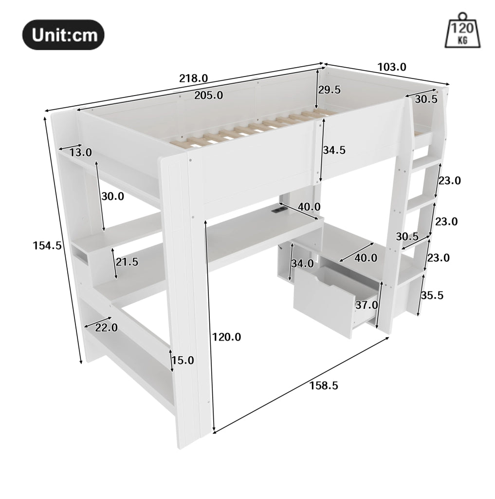 Letto a soppalco 90x200 cm con scrivania; cassetto; scaffali e LED in pino bianco