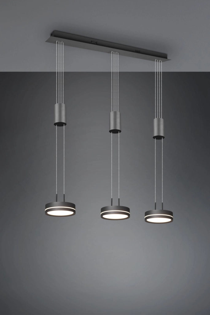 FRANKLIN BARRA 3 SOSPENSIONI LED 27W 3150lm, 3000K REGOLABILE IN ALTEZZA CON BILANCIERI ANTRACITE DIMMERABILE CON INTERRUTTORE  L. 85CM