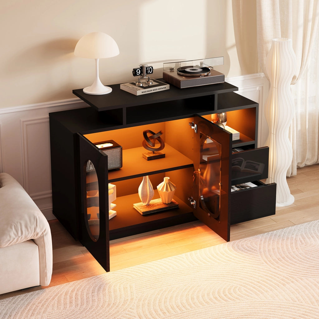 Credenza LED con Ante in Vetro ¨C Xylo ¨C Nero Lucido