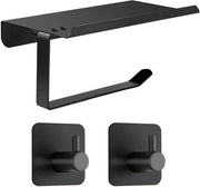Toiletrolhouder senza forare con piatto, Toiletrolhouder senza forare con piatto, Toiletrolhouder autoadesivo Toiletrolhouder RVS con 2 ganci per asciugamani per cucina e bagno nero