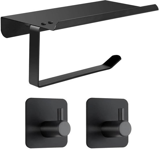 Toiletrolhouder senza forare con piatto, Toiletrolhouder senza forare con piatto, Toiletrolhouder autoadesivo Toiletrolhouder RVS con 2 ganci per asciugamani per cucina e bagno nero