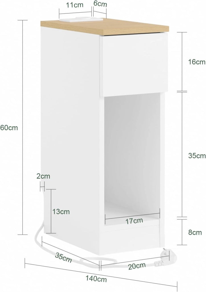 Set da 2 comodini camera da letto stretti con ricarica USB & Type-C, tavolino da letto con incavo battiscopa, mobile salvaspazio per piccoli ambienti, bianco 20x35x60 cm FBT111-E-WNx2
