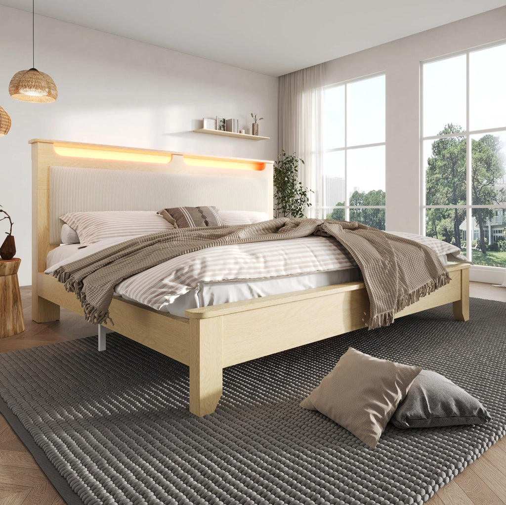 Letto matrimoniale 140x200 cm con LED e testiera contenitore