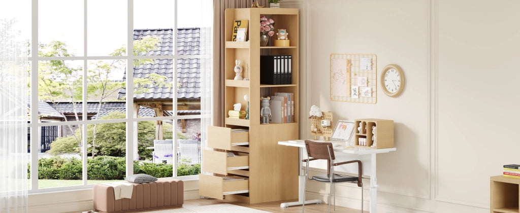 Libreria con 3 vani aperti e 3 cassetti, lato reversibile, con sicurezza antiribaltamento, rovere, 60 × 40 × 200 cm
