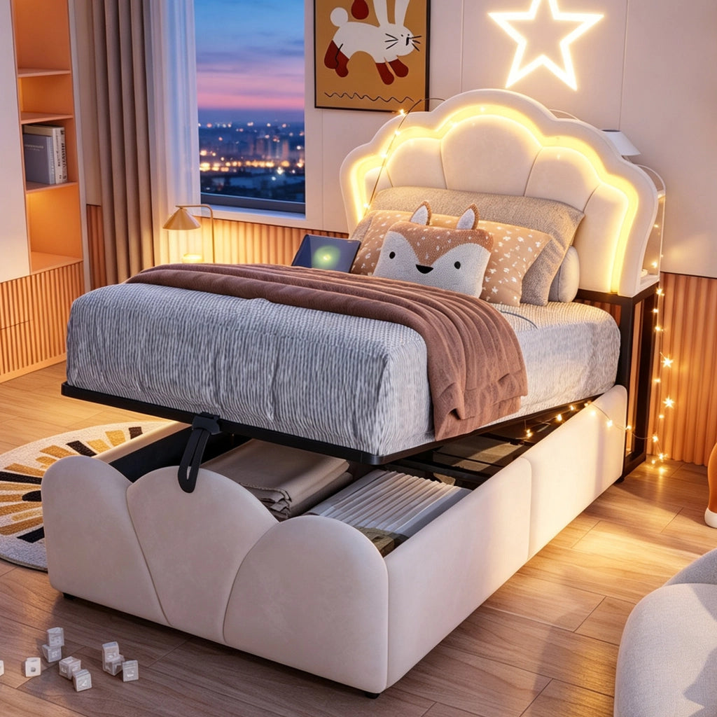 LETTO imbottito 90x200 cm in velluto beige con contenitore idraulico, LED e prese
