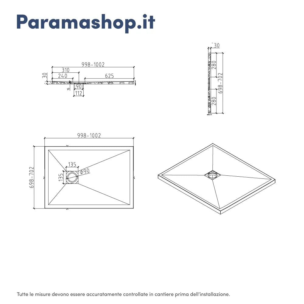 Piatto doccia rettangolare 70x100 cm in marmoresina bianco effetto pietra h3 cm | Milos