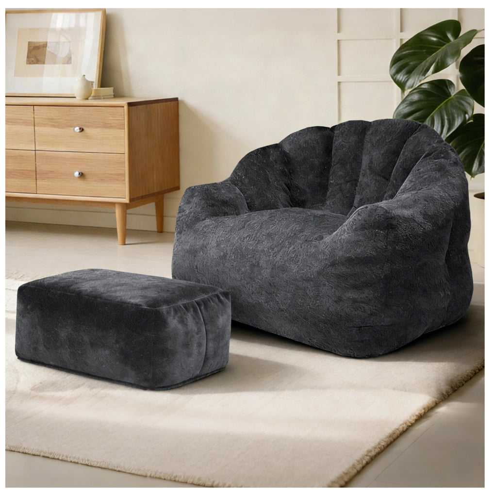 Poltrona relax a petalo nera con pouf coordinato in flanella