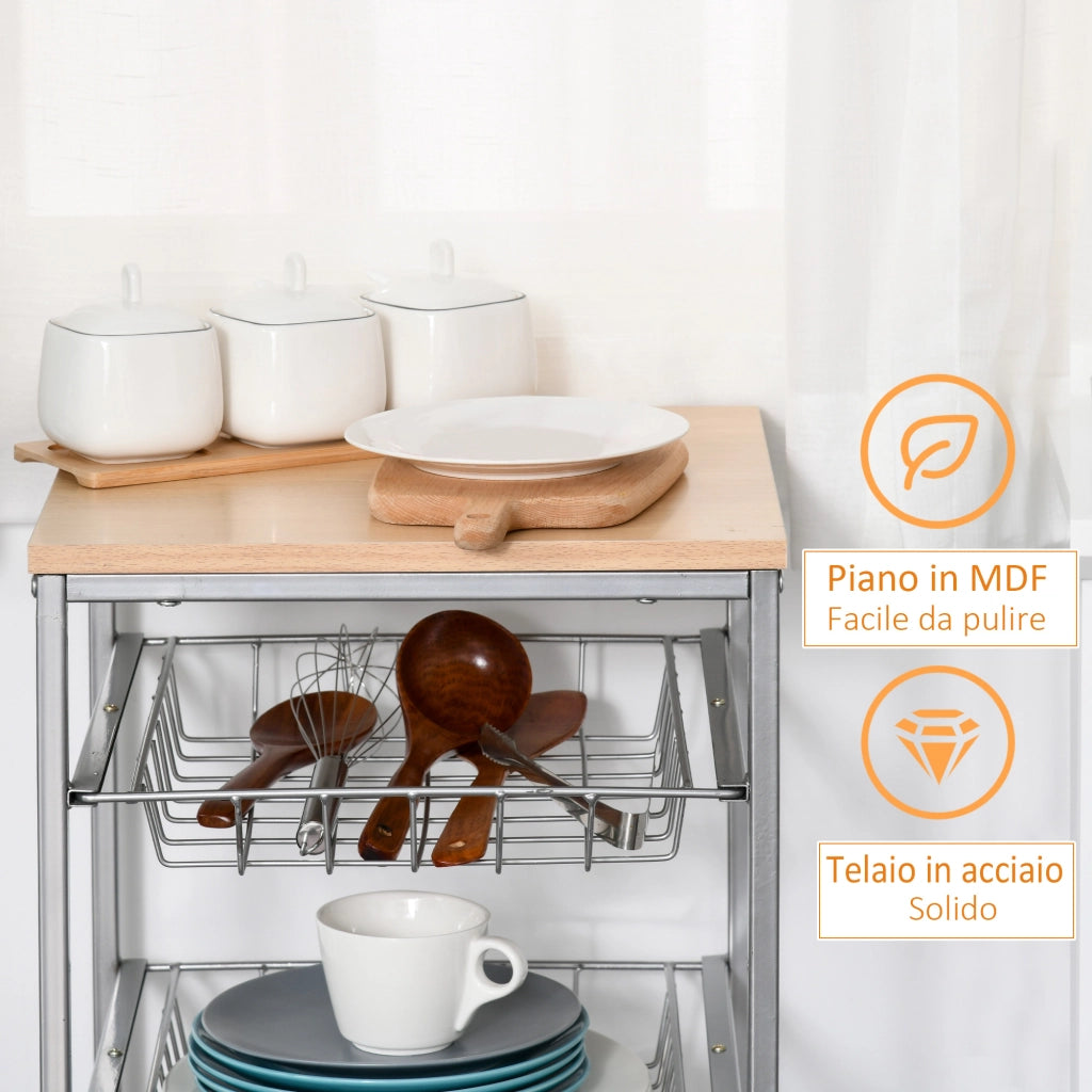 Carrello da Cucina ¨C zephmum ¨C Argento e Legno 36.5x36.5x89