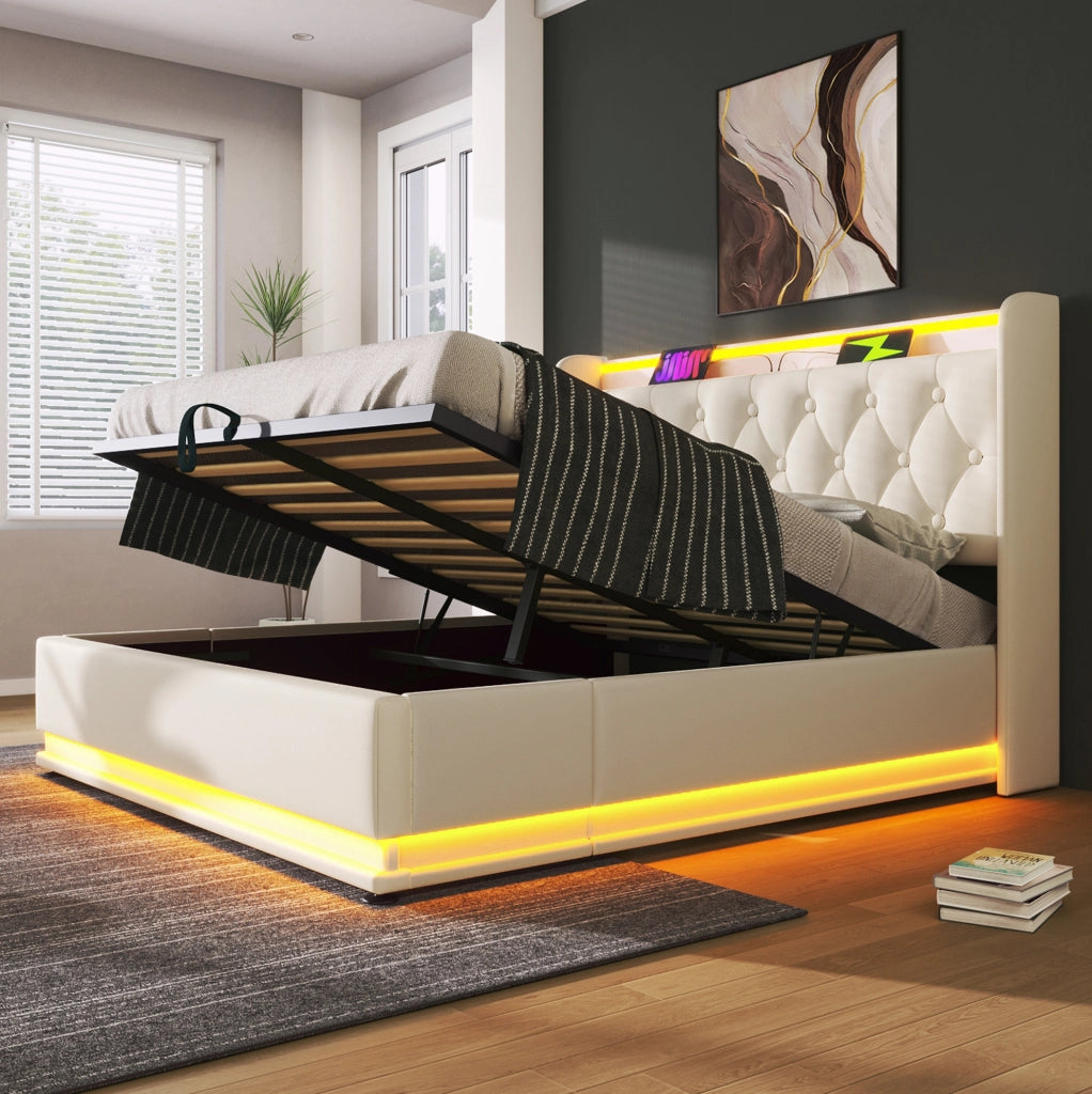 Letto contenitore imbottito con LED, ricarica USB e Tipo-C, 160 x 200 cm, bianco