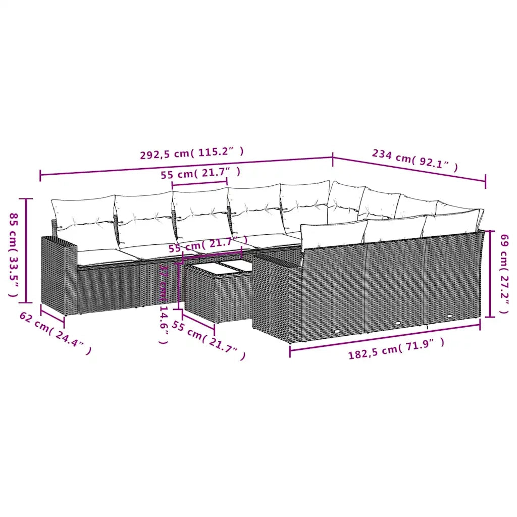 Set Divani da Giardino 11 pz con Cuscini in Polyrattan Grigio