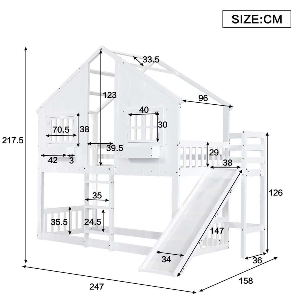 Letto a castello per bambini con scivolo e finestre 90x200 cm