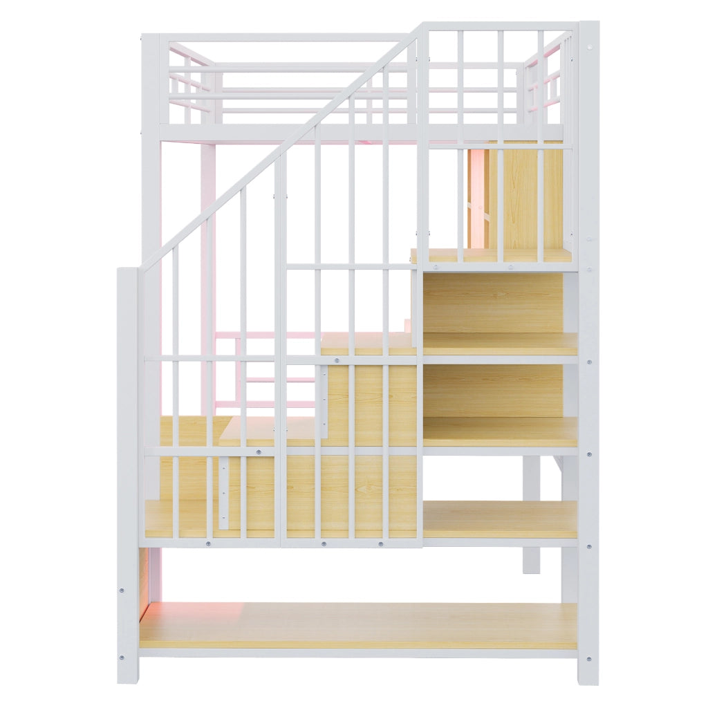 Letto a soppalco 90x200 cm con scrivania; scala contenitore; LED e presa europea; bianco