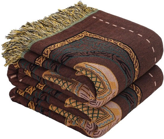 Deken Boho 100% cotone, mousseline sprei a doppia faccia 200x230 cm, estremamente soffice e comodo, deken e sprei confortevole per il divano, stampo olivastro/marrone.