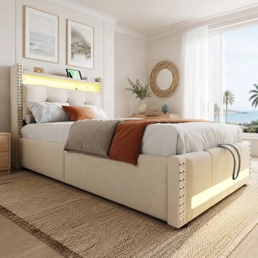 LETTO imbottito singolo 90x200 cm Beige con LED, USB e contenitore