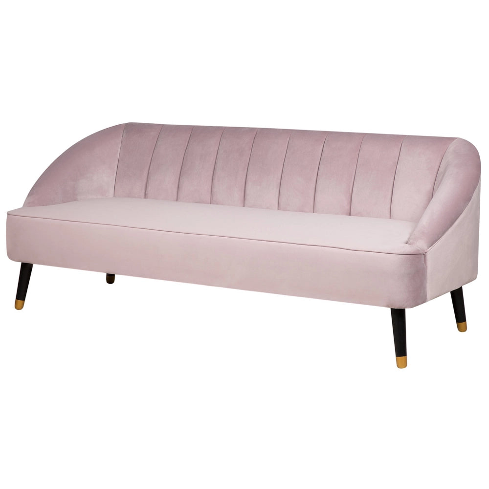 Divano in velluto rosa a 3 posti con braccioli incassati sullo schienale gambe in legno
