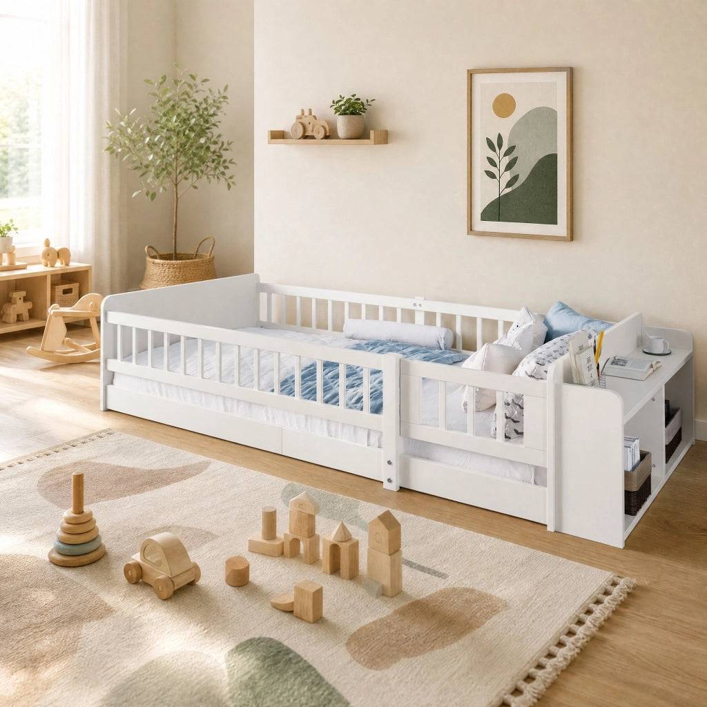 Letto per bambini 90x200 cm in pino bianco con ripiani
