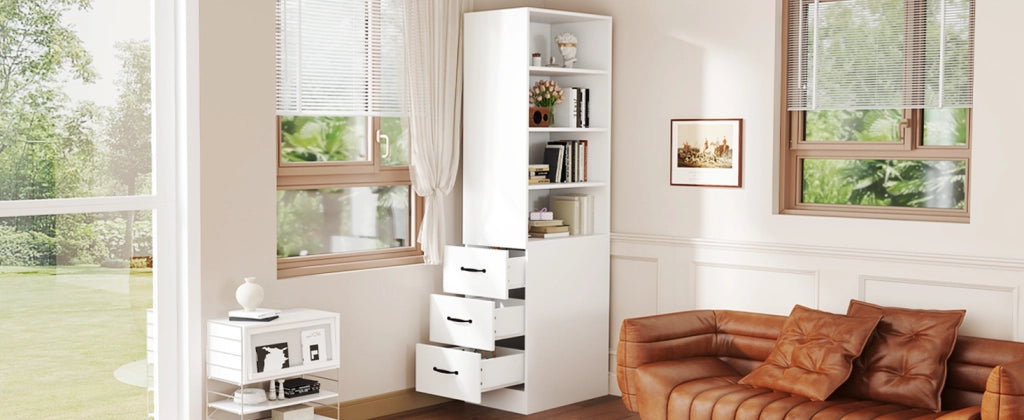 Libreria alta slim 180 cm bianca con 3 cassetti laterali, ripiani regolabili, ideale per spazi piccoli