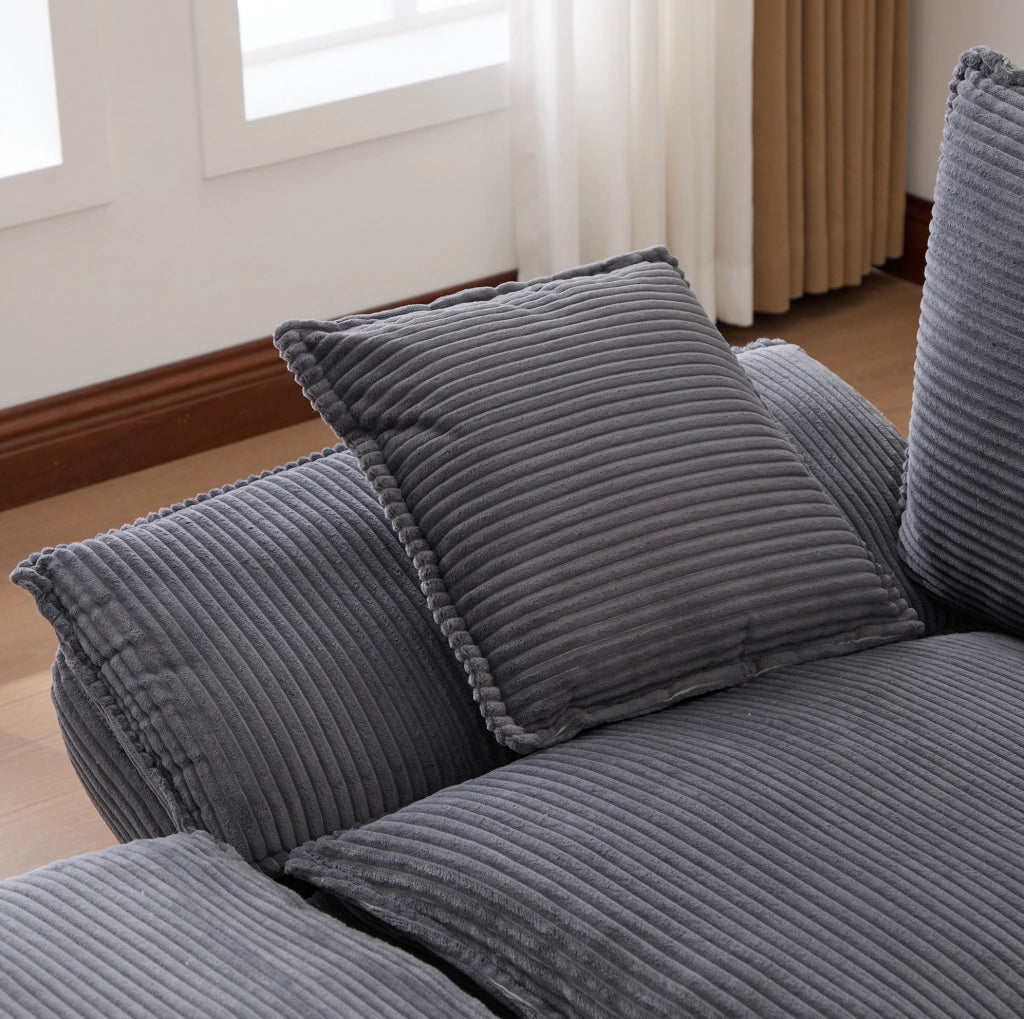 Divano modulare 4 posti in corduroy grigio scuro 330x132x84 cm con 2 pouf e USB-C
