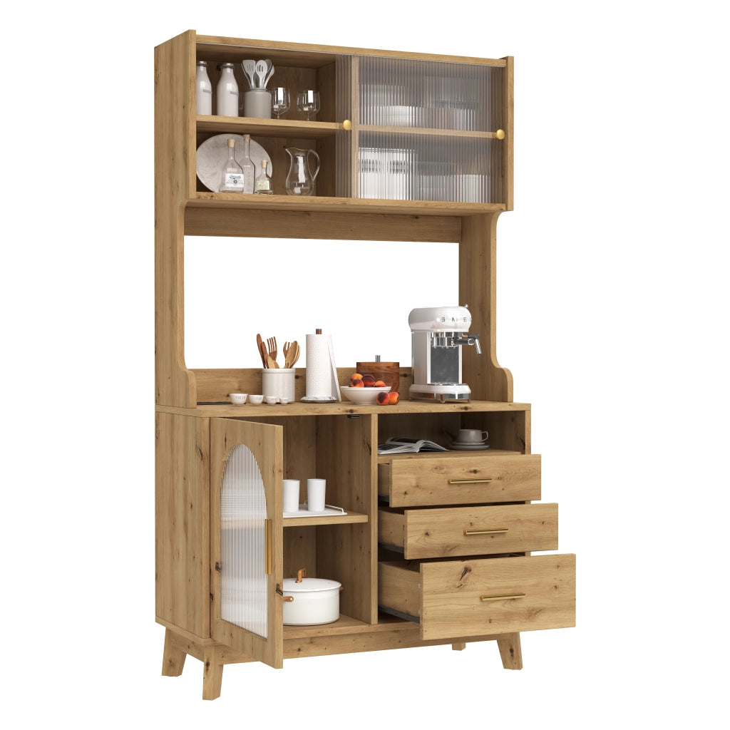 Credenza alta da soggiorno con ampia capacità, prese integrate e frontale in acrilico effetto onda, 100,5×40×178 cm, colore legno