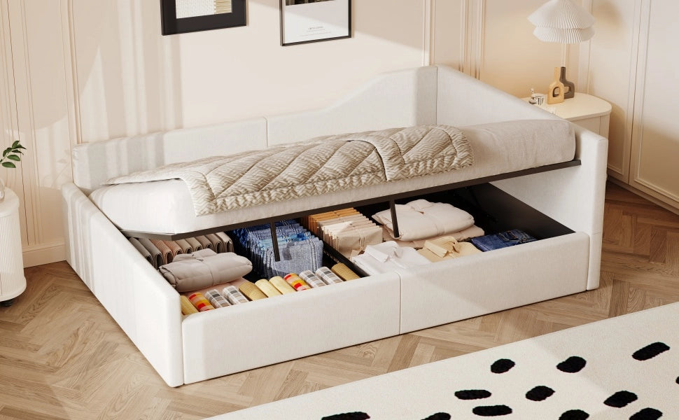 DESMIU Divano letto 140 × 200 cm 1 posto con contenitore, senza materasso, in MDF, compensato, beige