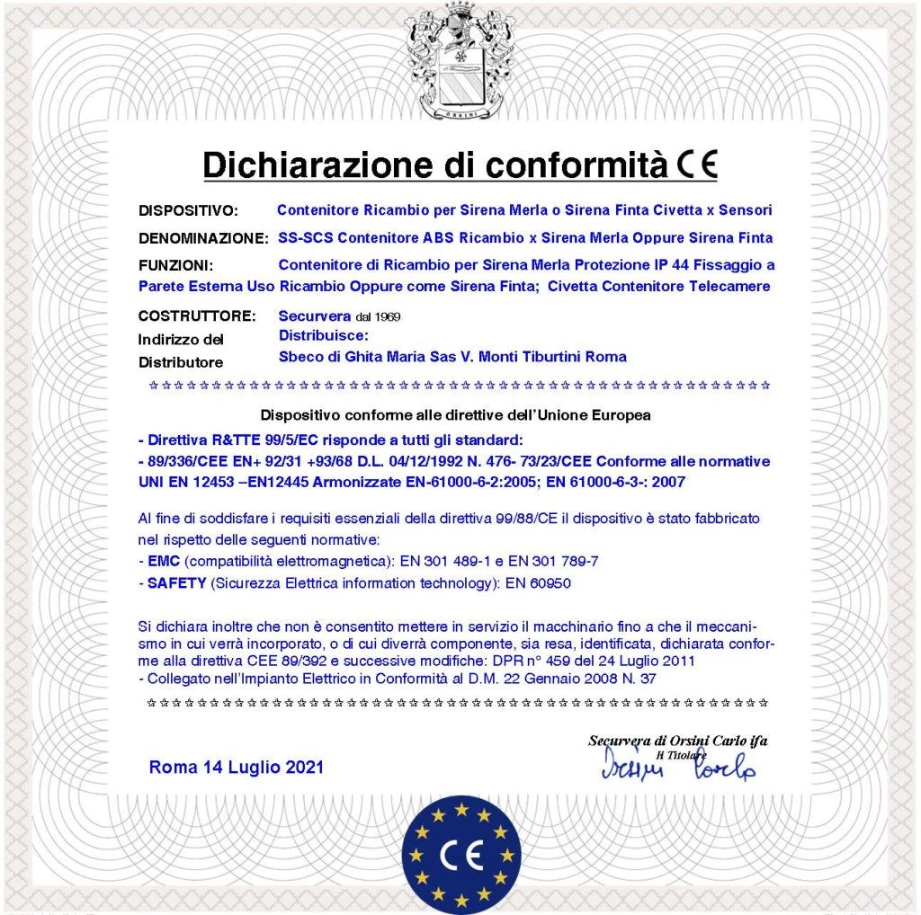 Sirena Finta Civetta Contenitore Fondo e Coperchio in ABS Ricambio per Sirena Merla Anche x Nascondere Telecamere Microfoni Sensori Altoparlanti con Messaggi Dissuasivi Installazione a Parete Esterna