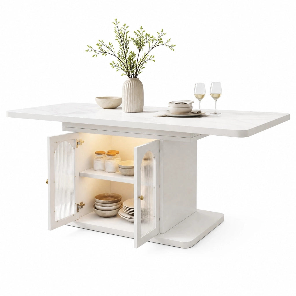 Tavolo da pranzo allungabile 150/200 cm con LED e vano contenitore, bianco, per 6–8 persone