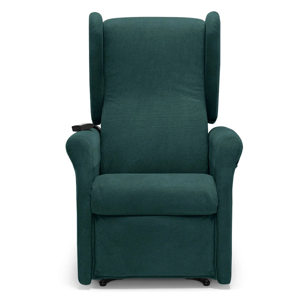 Poltrona relax elettrica PISA MADE IN ITALY per anziani e disabili, 2 motori, 4 ruote, reclinazione e alzapersona, Tessuto Antimacchia, colore Petrolio