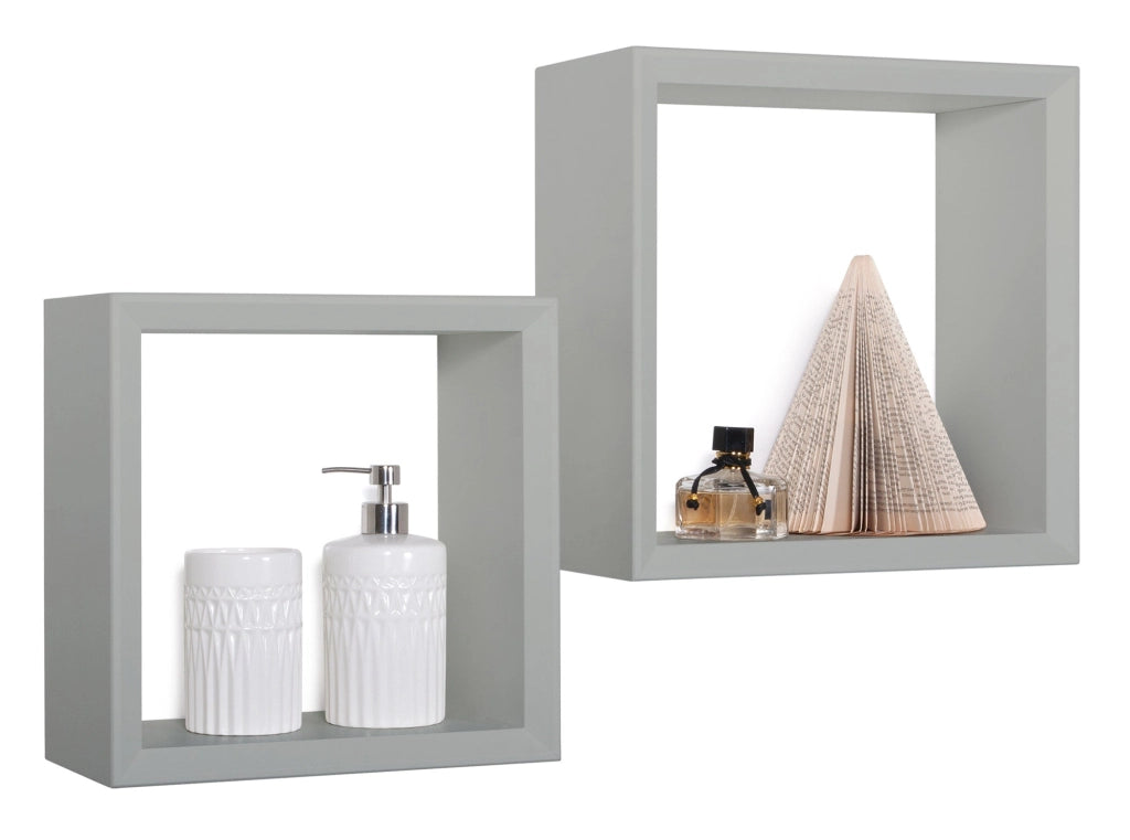 Set 2 Mensole Cubo da Parete Quadrato in Fibra di Legno Ginevra Grigio Sasso