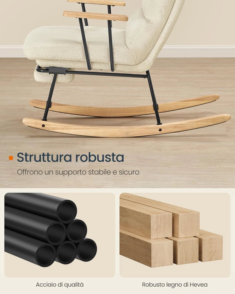 Poltrona a Dondolo, Gambe in Legno di Hevea, Sedia a Dondolo, Schienale Regolabile a 4 Posizioni, Portata Massima 160 kg, Camera da Letto Soggiorno, Marrone Cammello LYY016LJ01