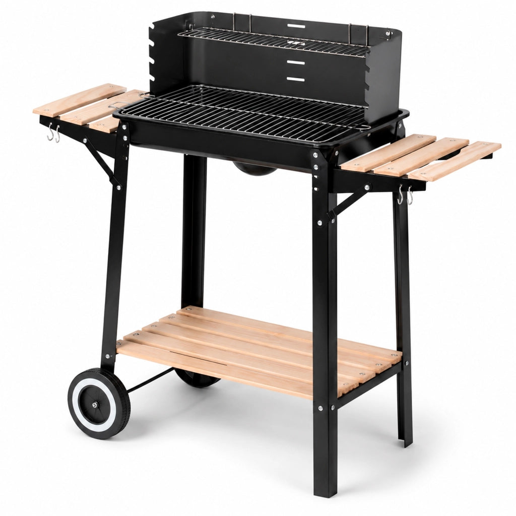 Barbecue A Carbone Con Paravento Antivento Griglia Cromata Ripiani Laterali In Legno Ganci Porta Accessori Ruote Integrate Per Giardino Terrazzo E Campeggio 94 x 40 x 84 Cm Nero