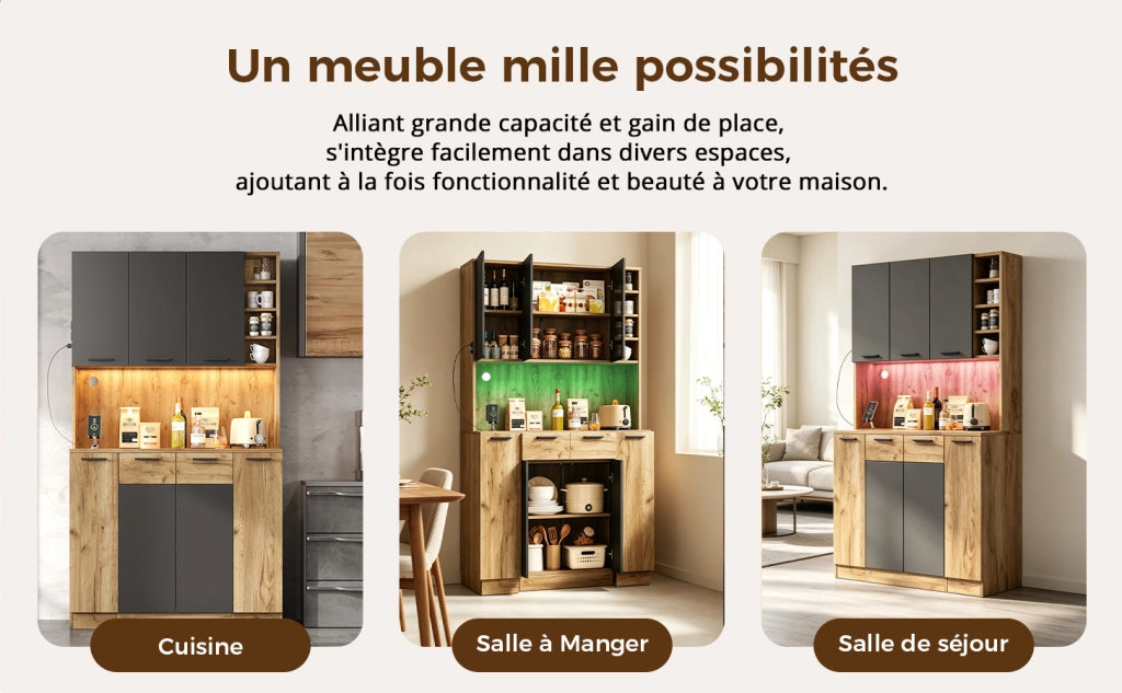 Credenza alta multifunzione con LED, prese e vani portaoggetti, 100 × 40 × 180 cm