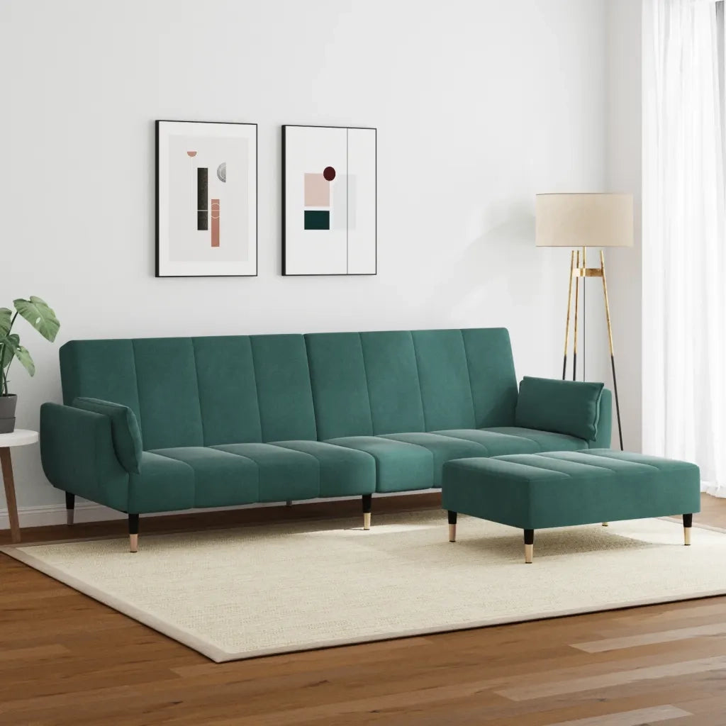 Divano Letto a 2 Posti con Poggiapiedi Verde Scuro in Velluto