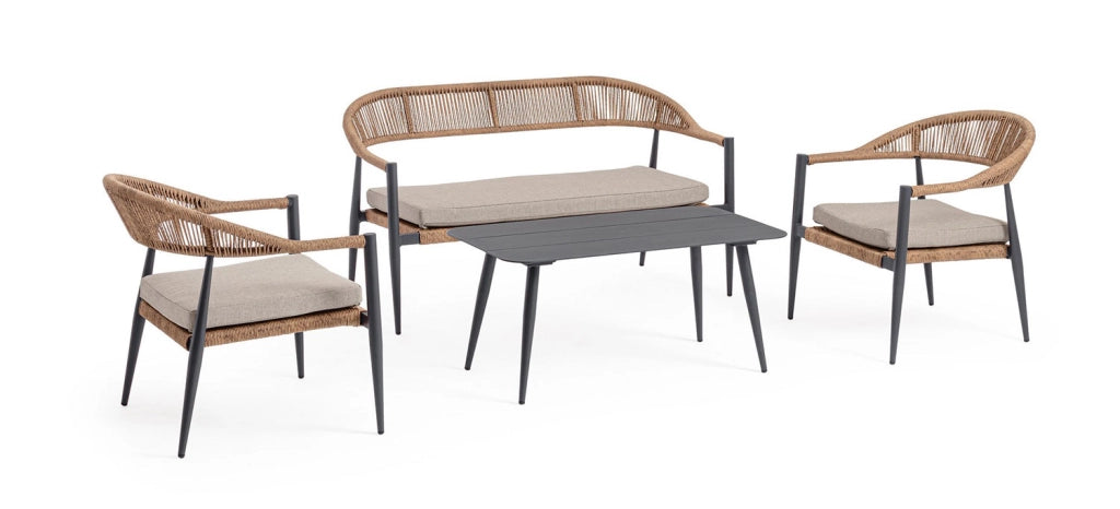 Set 4 Pezzi Salotto da Giardino con Divano 2 Poltrone e Tavolino in Alluminio e Fibra Sintetica Jandia Antracite e